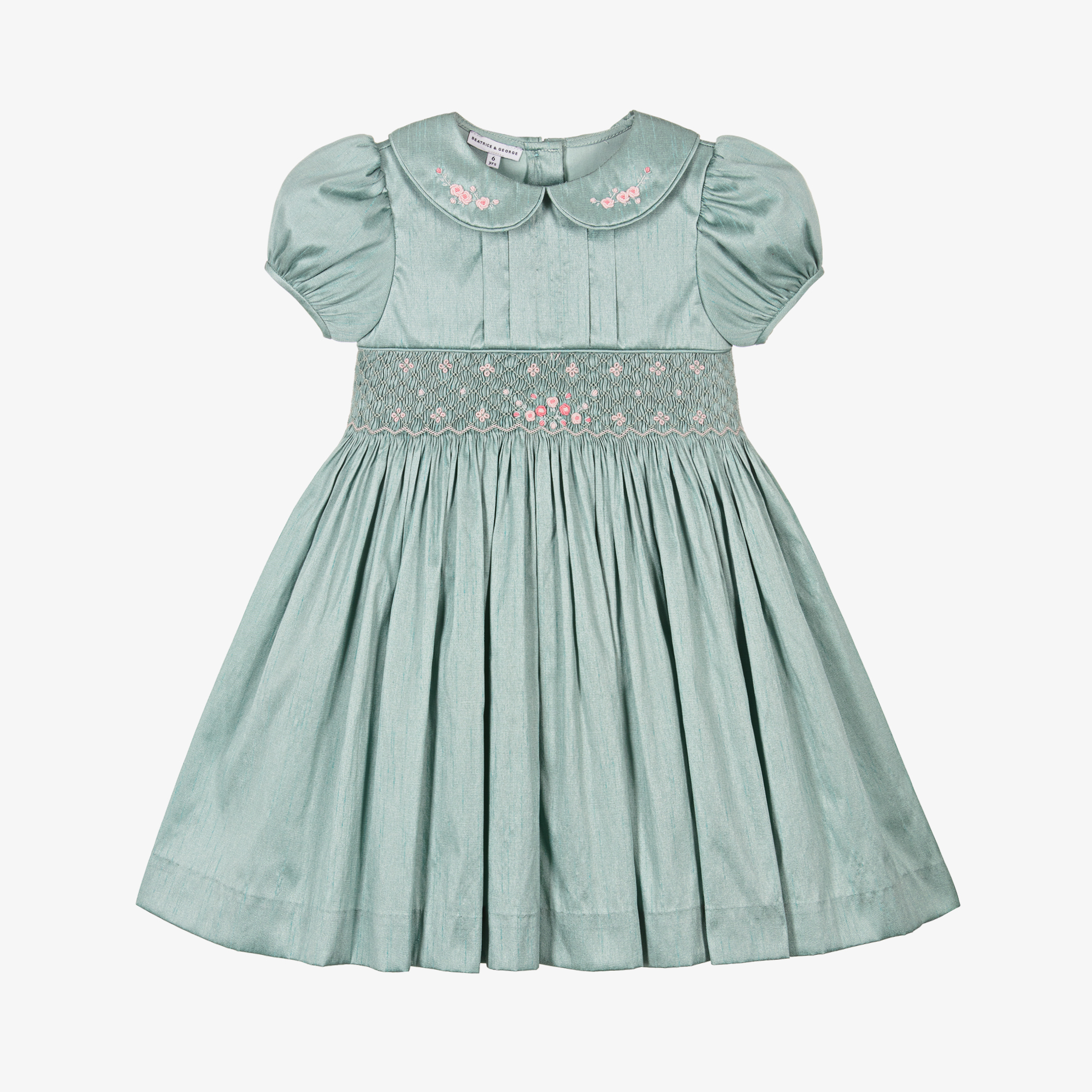 Beatrice & George - Girls Green Hand-Smocked & Embroidered Dupion Dress |  Childrensalon
