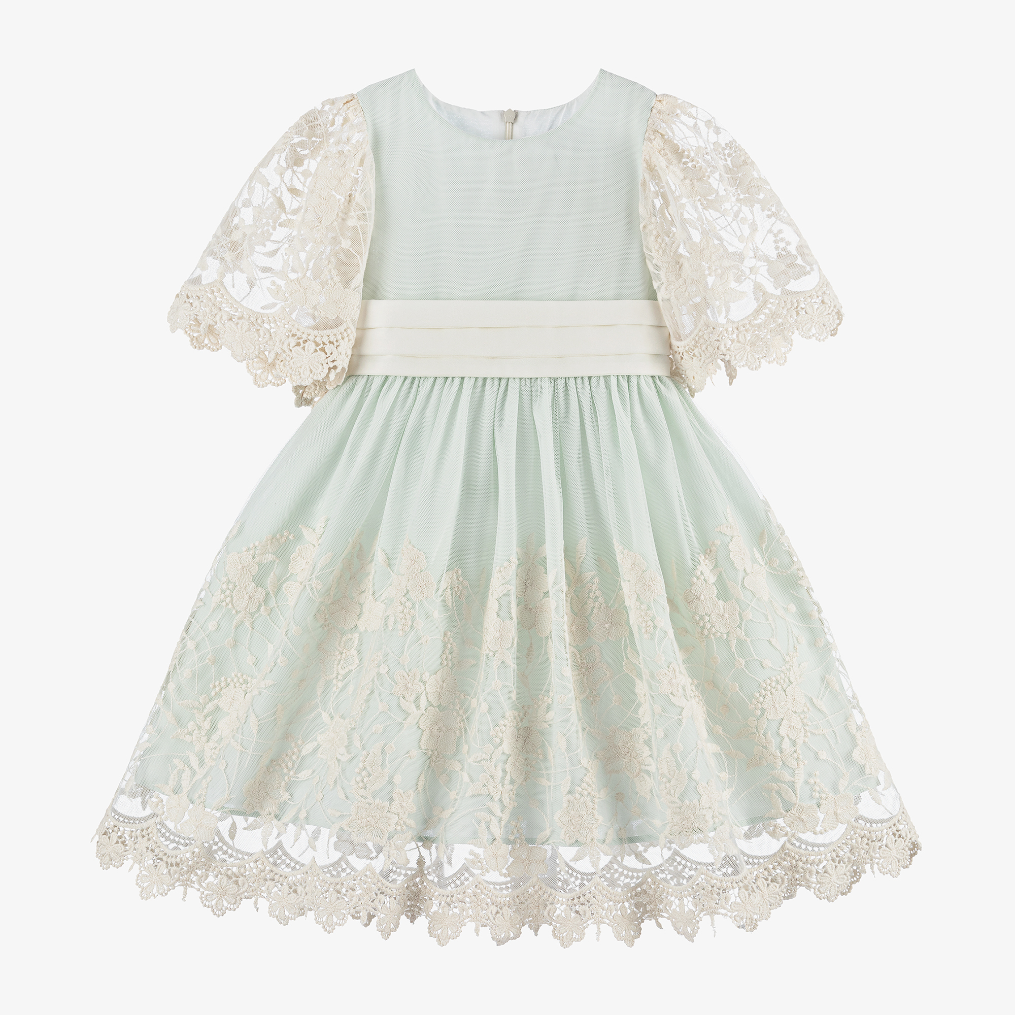 Beatrice & George Girls Green & Ivory Embroidered Tulle Dress Girls Kids 5 Year Green/Ivory Cotton by Childrensalon