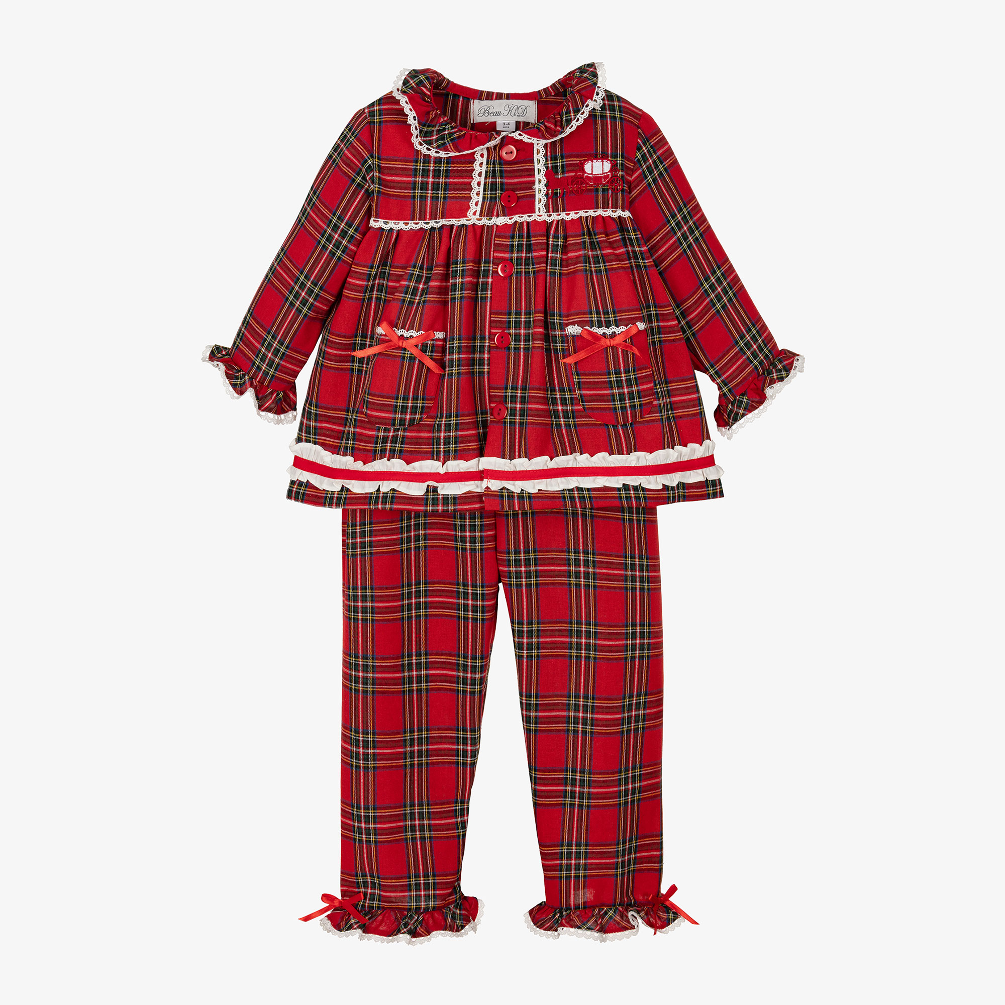 Beau KiD Girls Red Cotton Tartan Bow Pyjamas