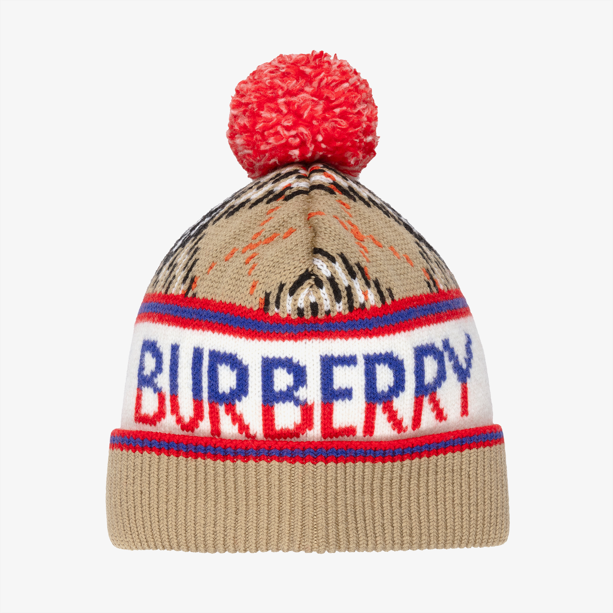 Burberry - Beige Wool Check & Logo Beanie | Childrensalon