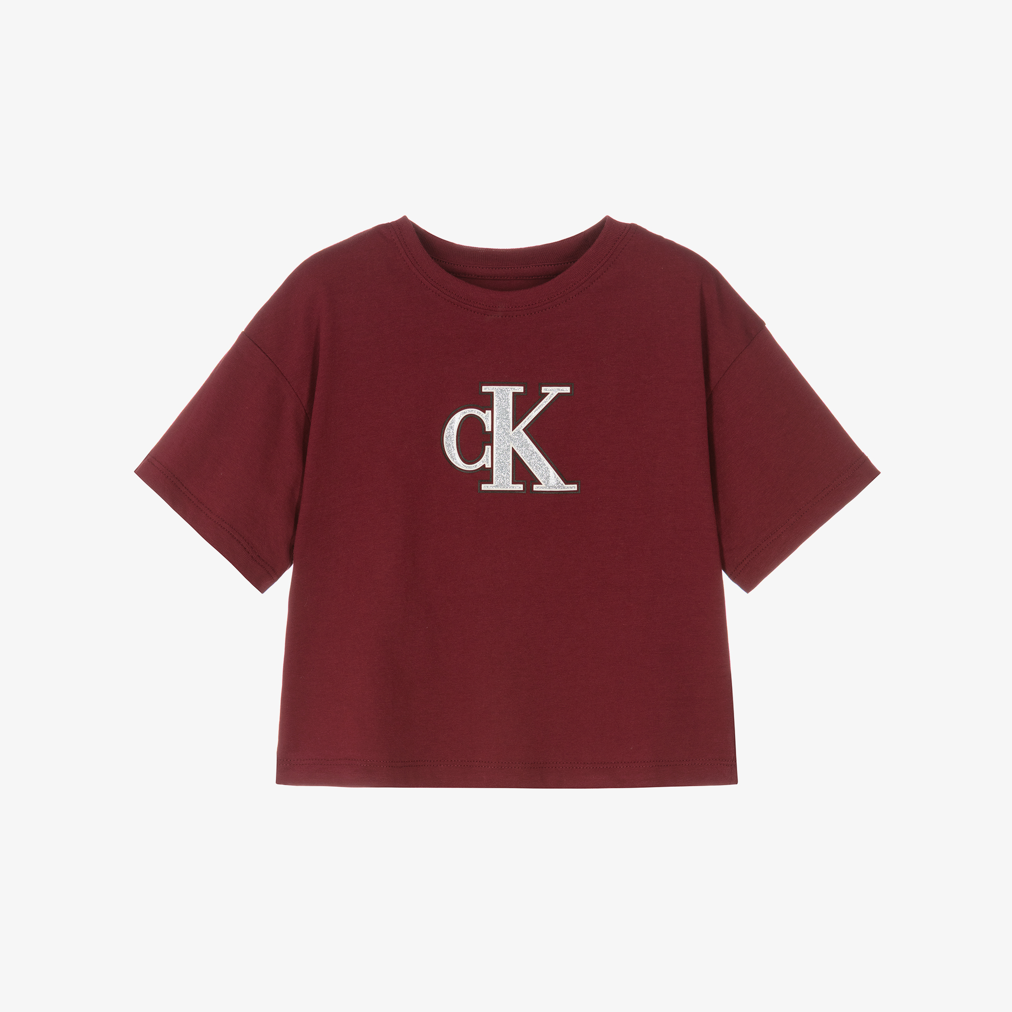 Calvin Klein Girls Burgundy Red Cotton T-Shirt with Glittery CK