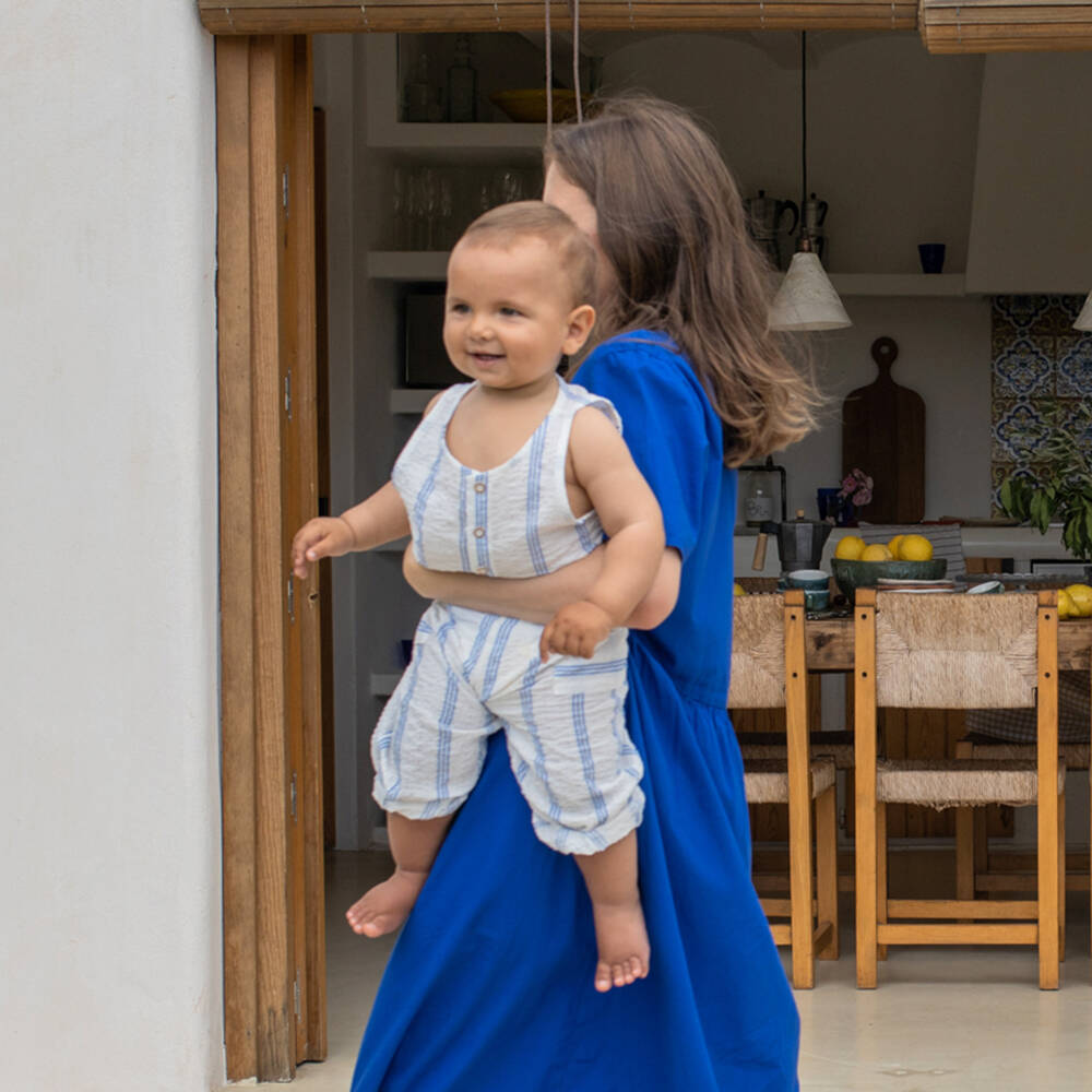 1 + in the family-Baby Boys White & Blue Striped Cotton Romper | Childrensalon