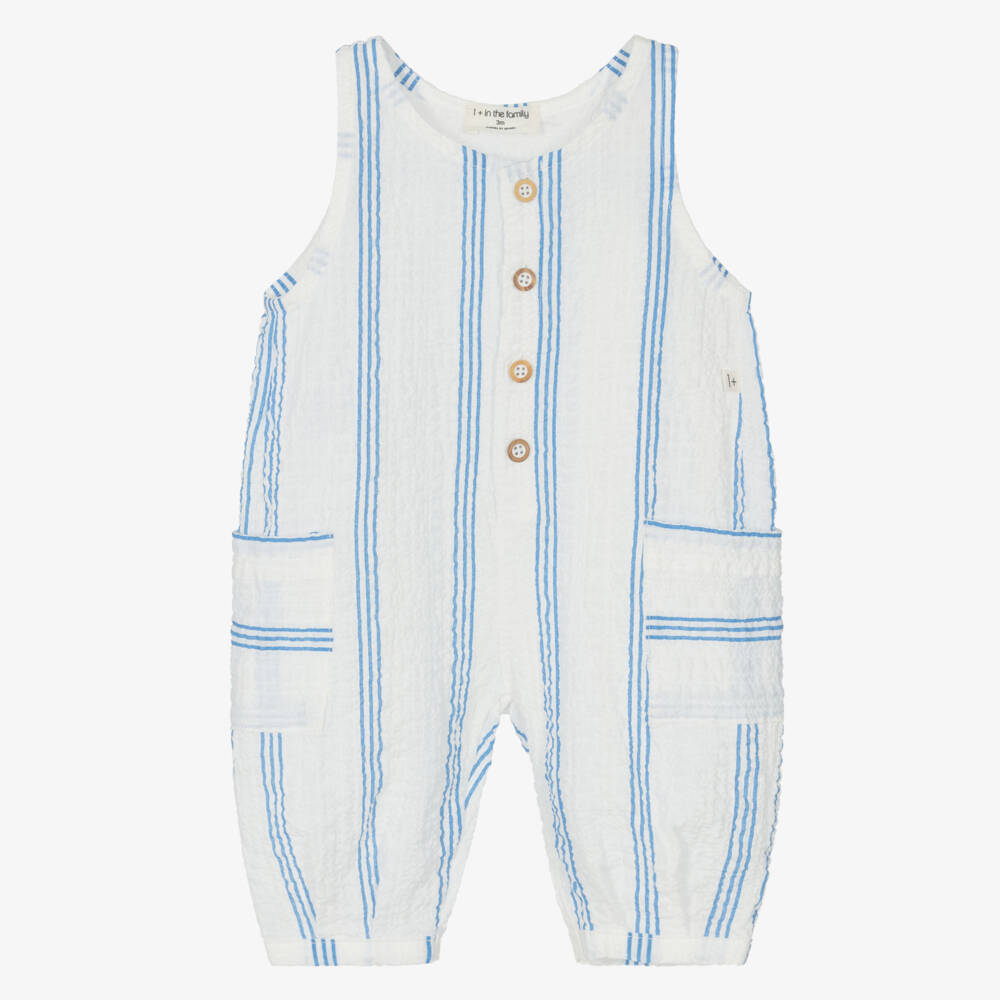 1 + in the family-Baby Boys White & Blue Striped Cotton Romper | Childrensalon