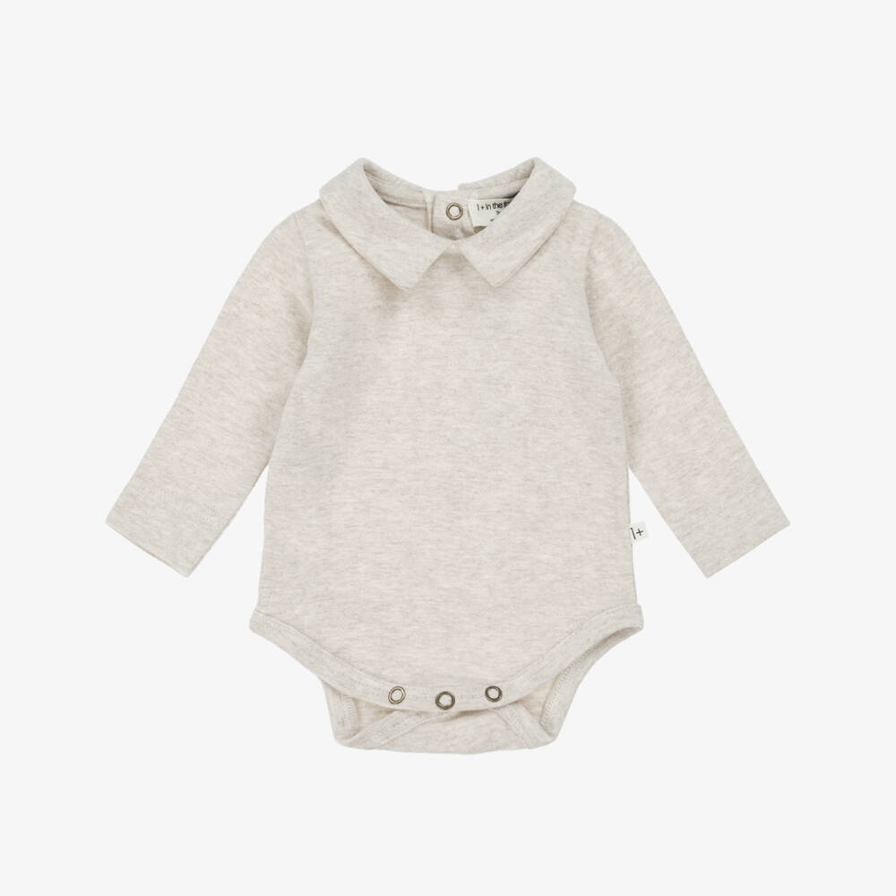 1 + in the family-Beige Cotton Jersey Baby Bodysuit with Collar | Childrensalon