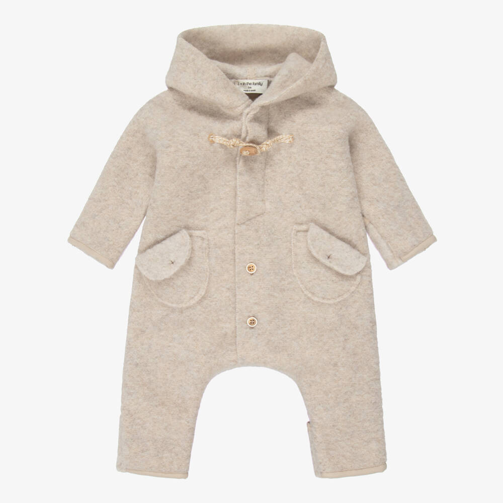 1 + in the family-Beige Fleece Hooded Baby Pramsuit  | Childrensalon