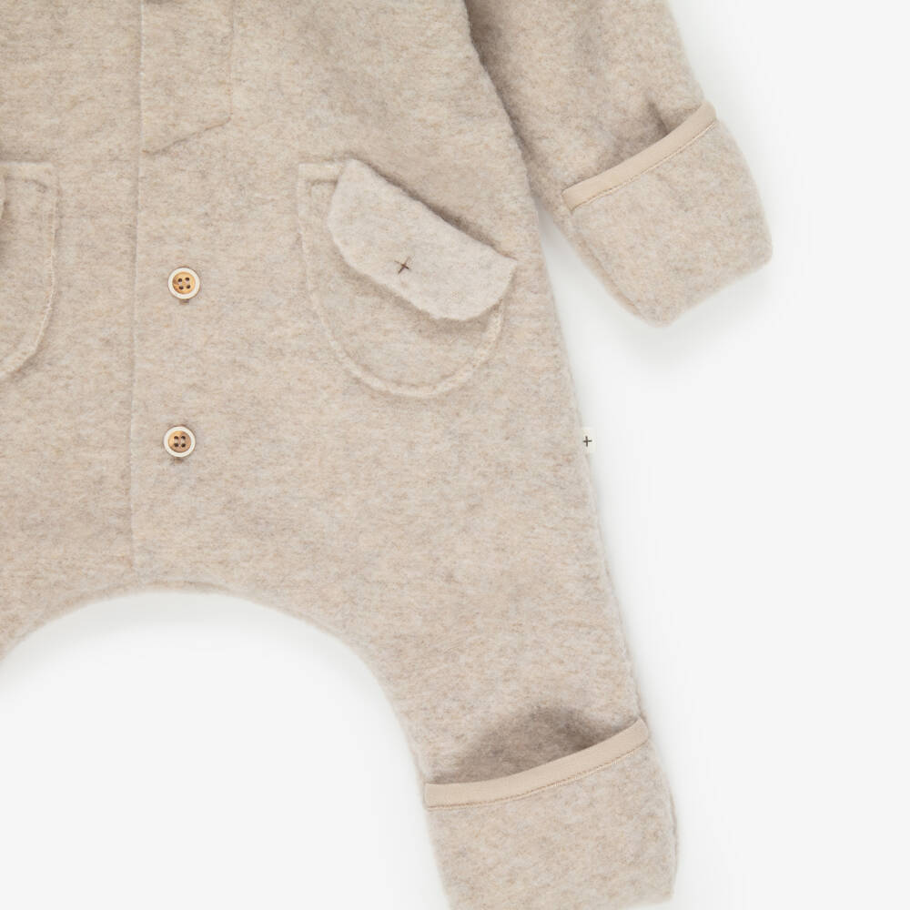 1 + in the family-Beige Fleece Hooded Baby Pramsuit | Childrensalon