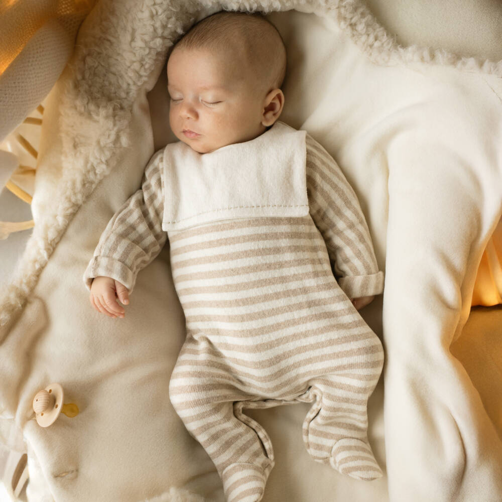 1 + in the family-Beige & Ivory Striped Knitted Babygrow | Childrensalon