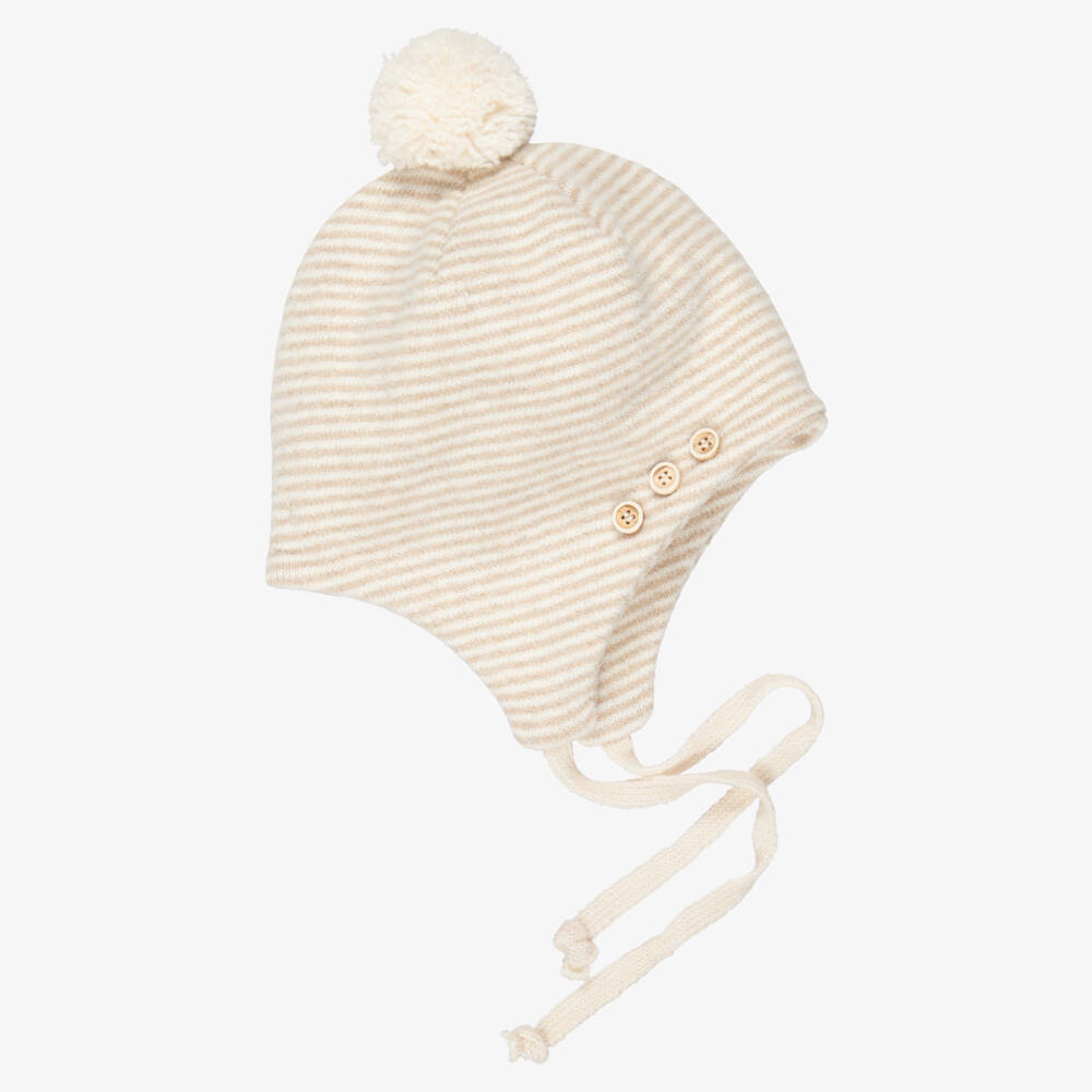 1 + in the family-Beige Striped Knit Baby Pom-Pom Hat | Childrensalon