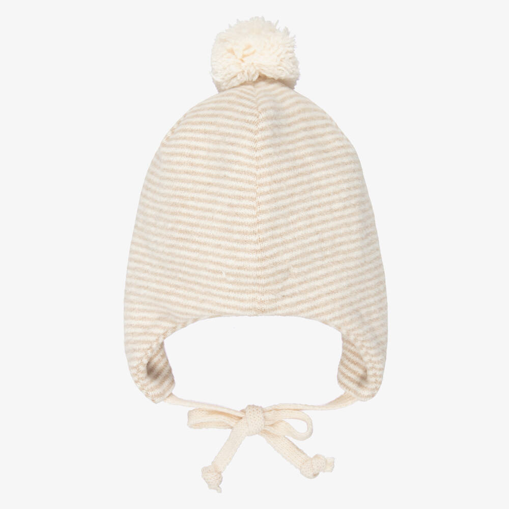 1 + in the family-Beige Striped Knit Baby Pom-Pom Hat | Childrensalon