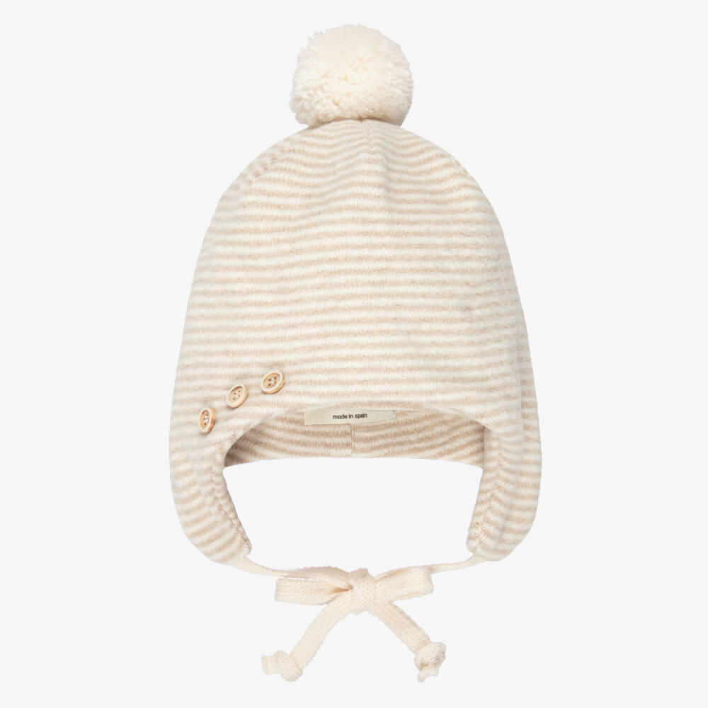 1 + in the family-Beige Striped Knit Baby Pom-Pom Hat | Childrensalon