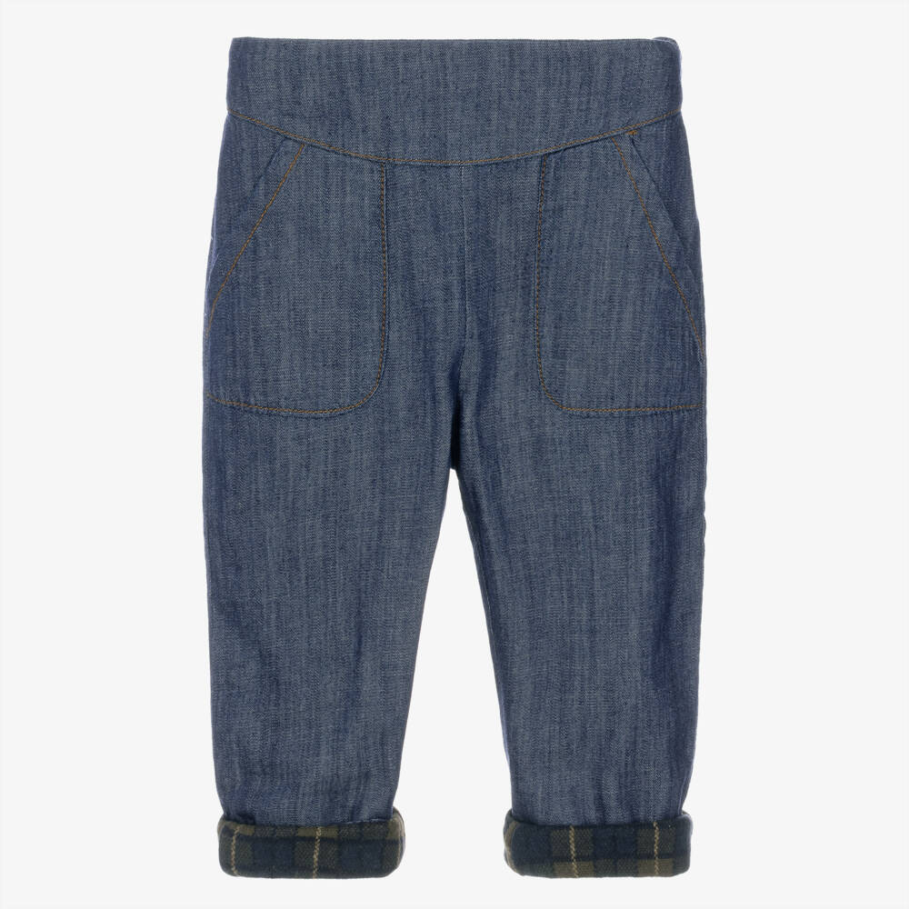 1 + in the family-Blue Denim Trousers with Green Tartan Lining | Childrensalon