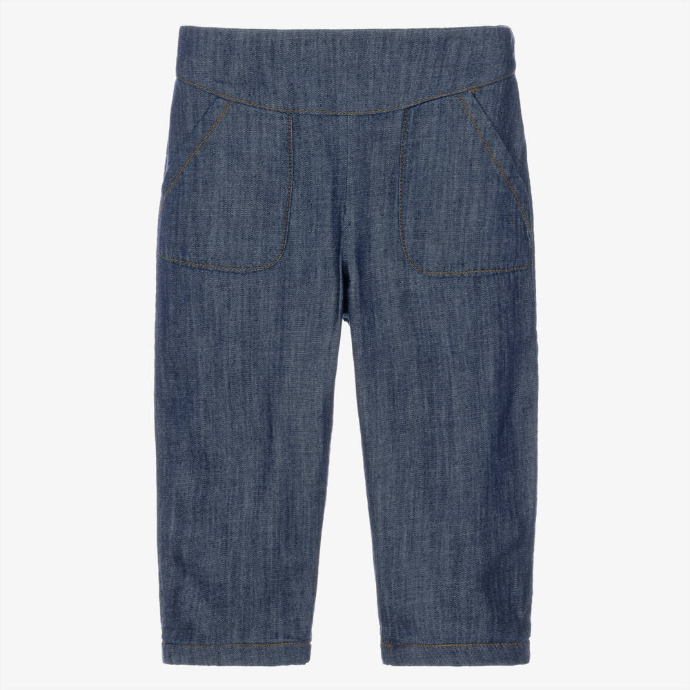 1 + in the family-Blue Denim Trousers with Green Tartan Lining | Childrensalon