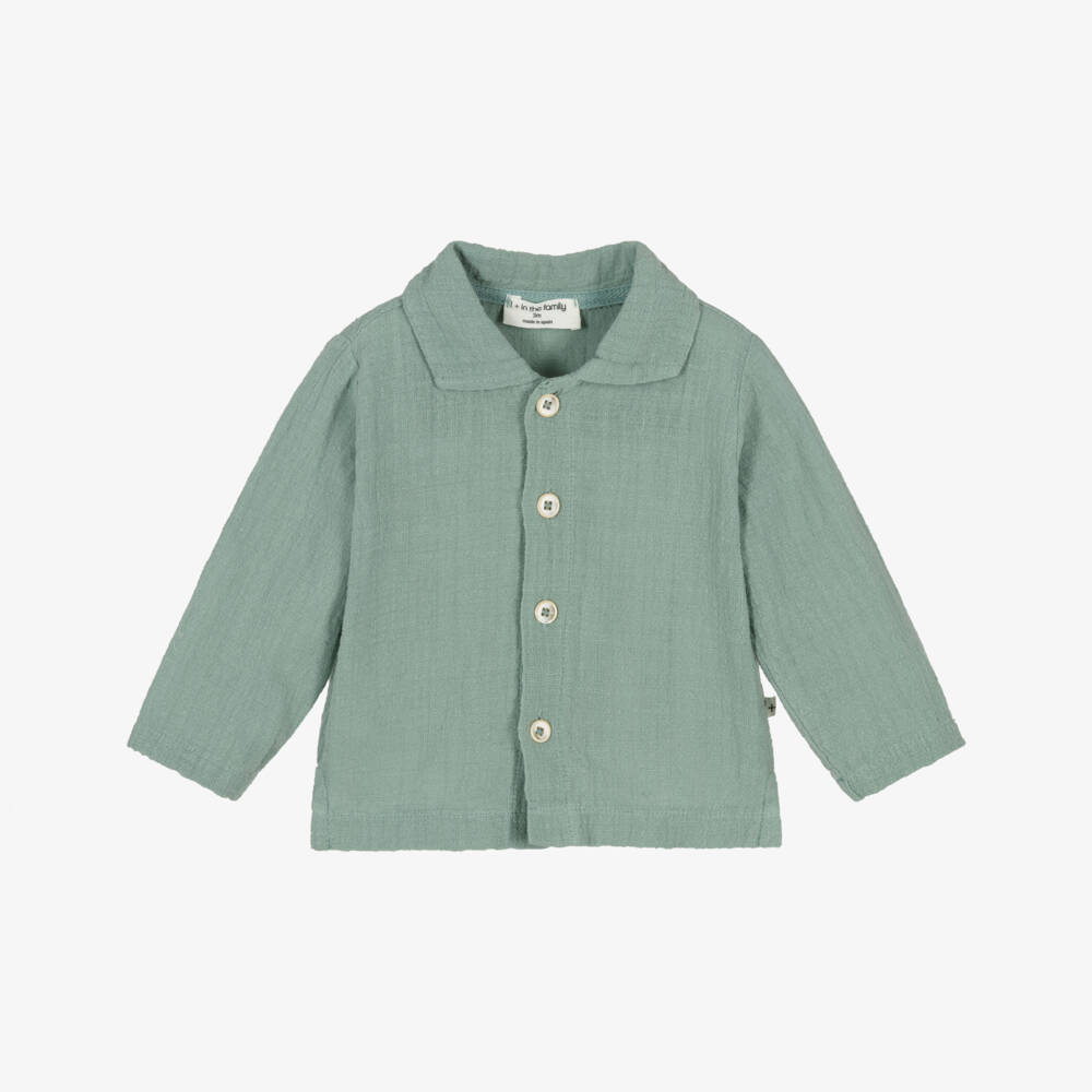 1 + in the family-Boys Green Cotton Textured Shirt | Childrensalon