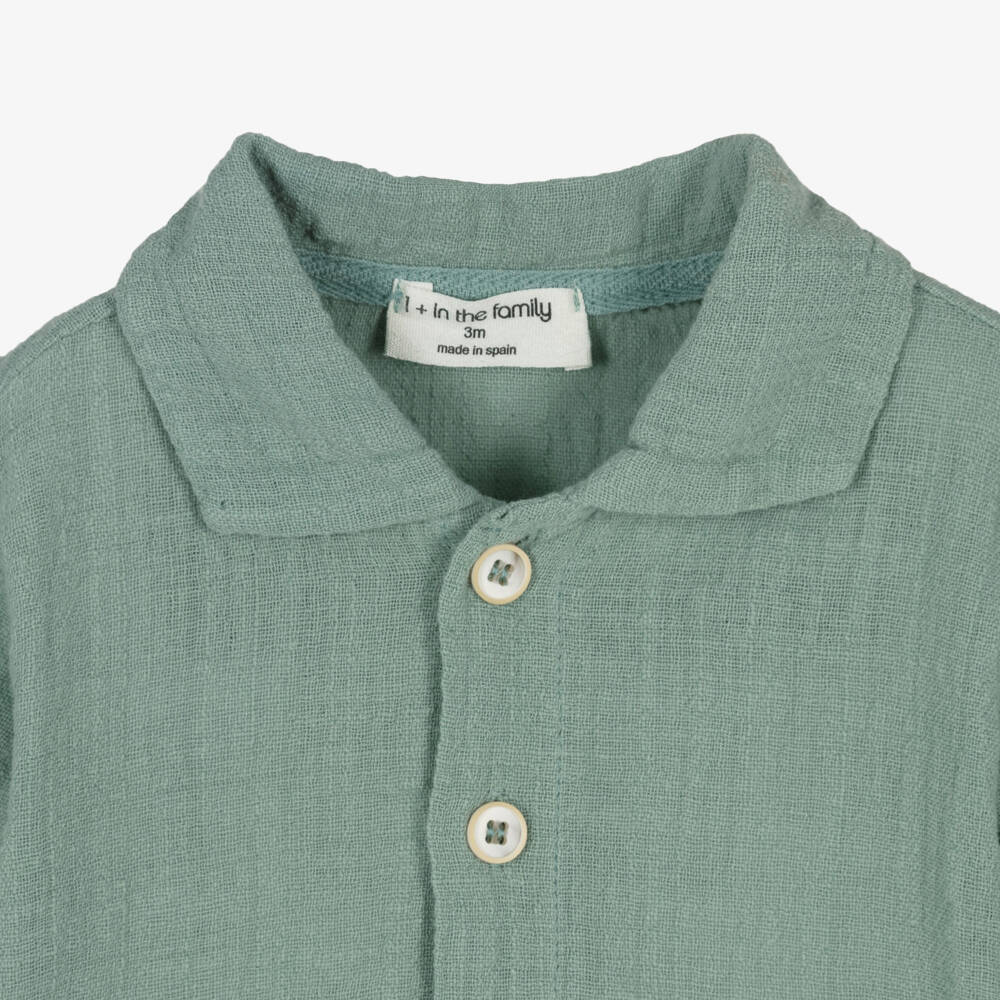 1 + in the family-Boys Green Cotton Textured Shirt | Childrensalon
