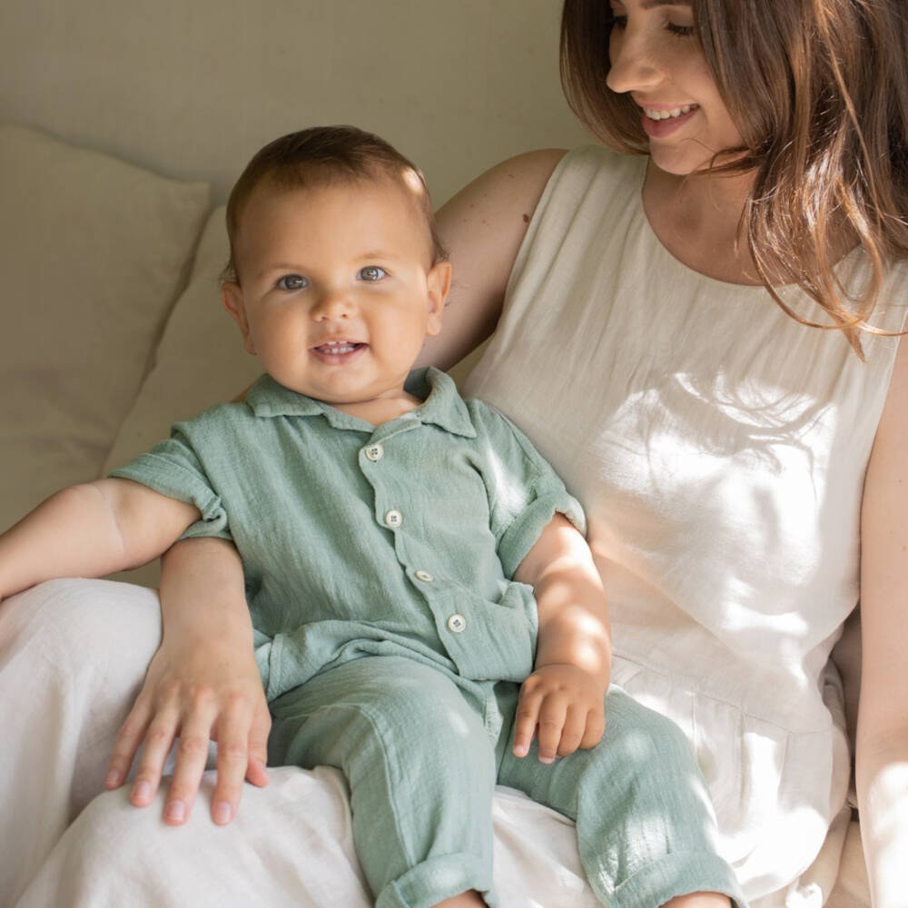 1 + in the family-Boys Green Cotton Trousers with Pockets | Childrensalon