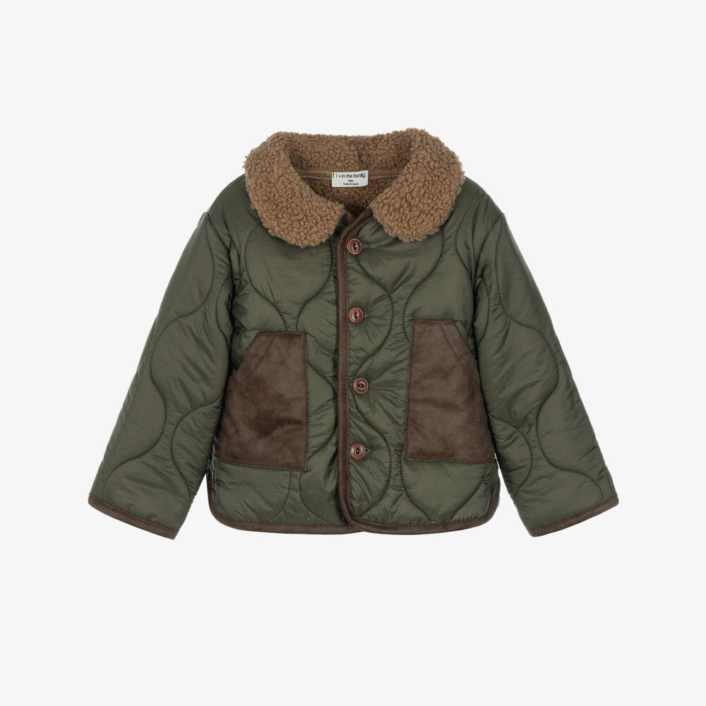 1 + in the family-Boys Green Quilted Jacket with Bouclé Collar | Childrensalon