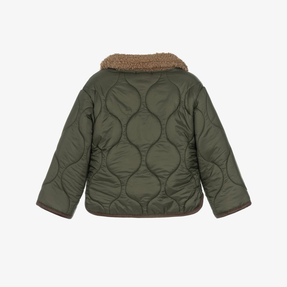 1 + in the family-Boys Green Quilted Jacket with Bouclé Collar | Childrensalon