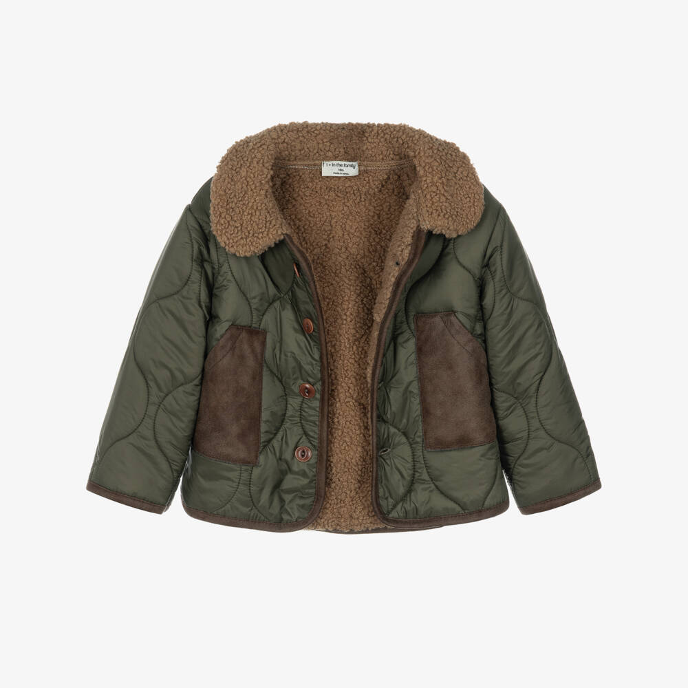 1 + in the family-Boys Green Quilted Jacket with Bouclé Collar | Childrensalon