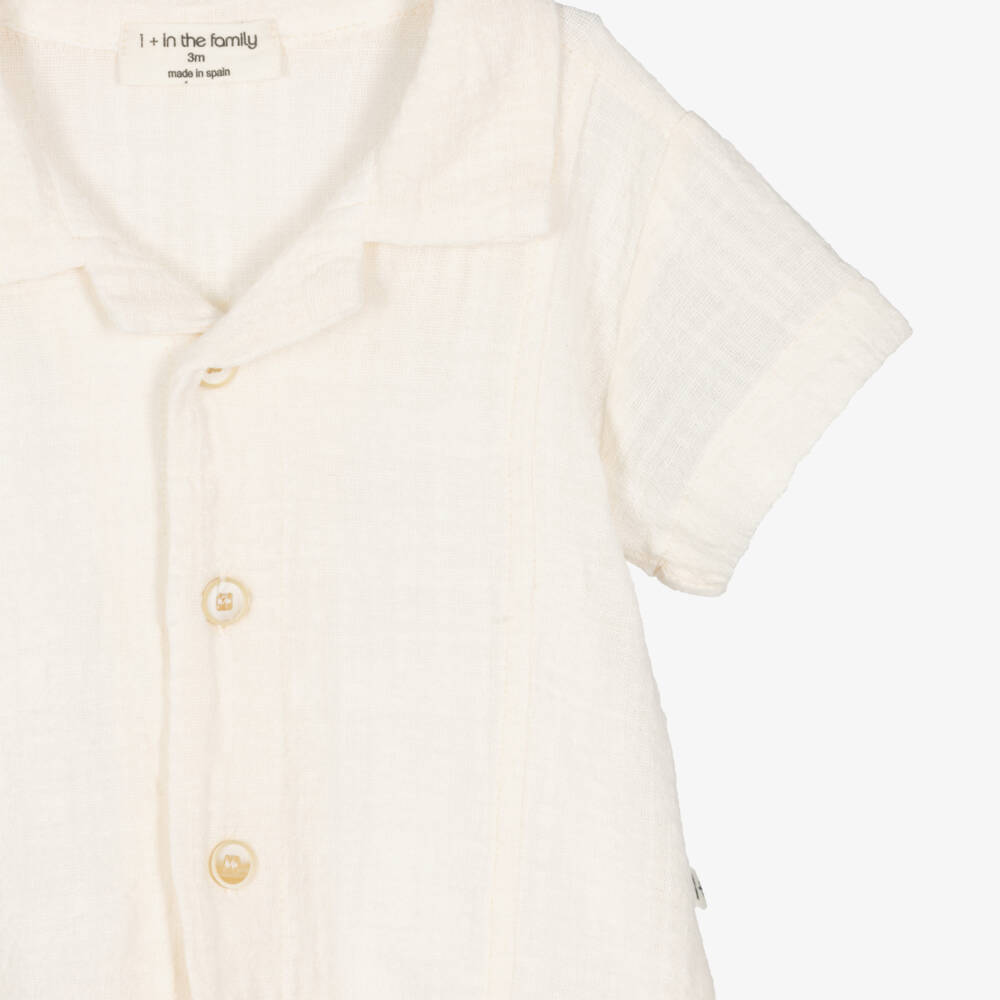 1 + in the family-Boys Ivory Cotton Short Sleeved Shirt | Childrensalon