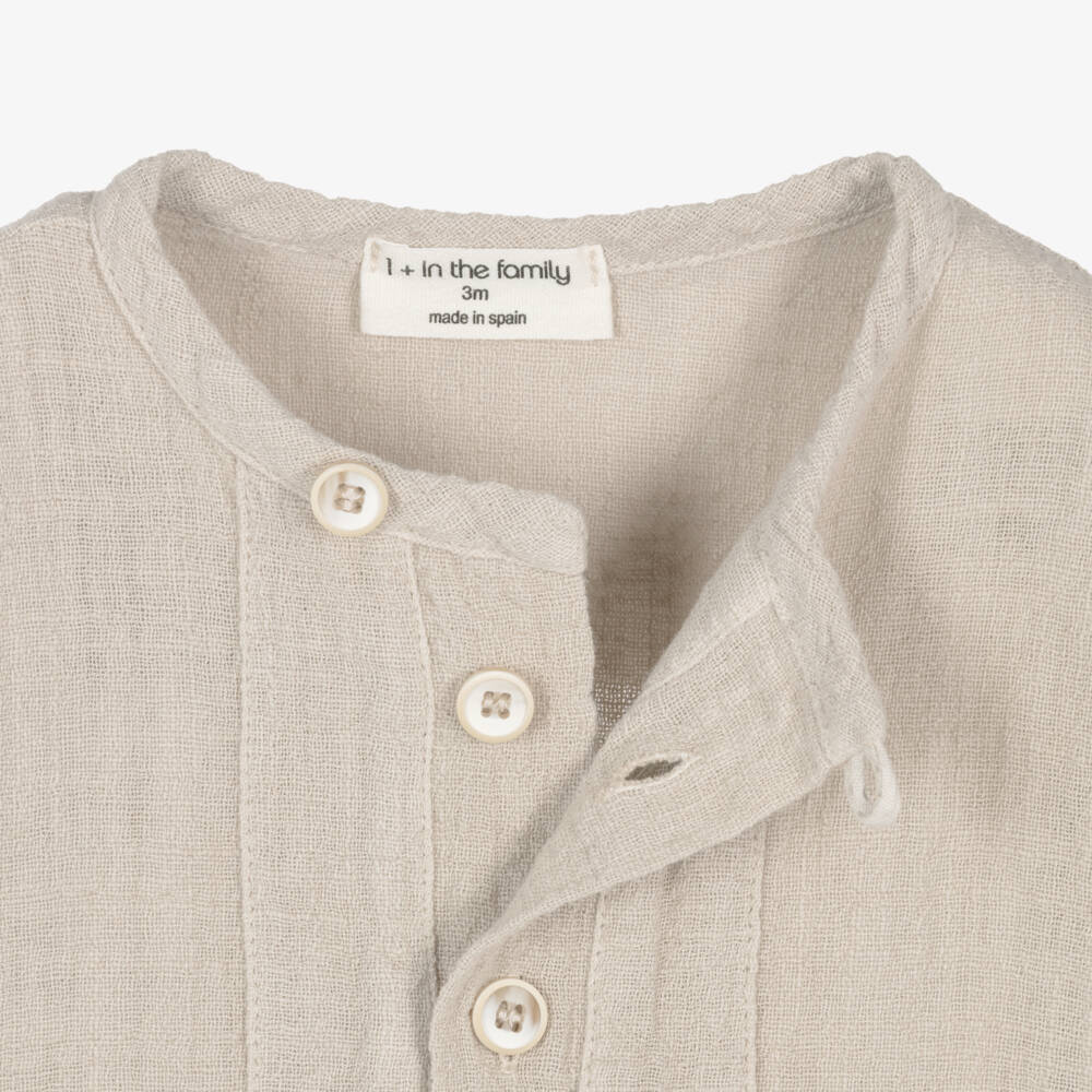 1 + in the family-Boys Light Beige Cotton Collarless Shirt | Childrensalon