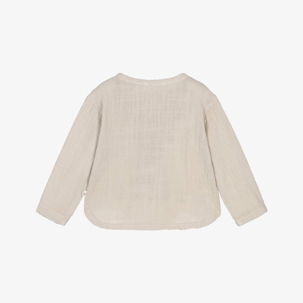 1 + in the family-Boys Light Beige Cotton Collarless Shirt | Childrensalon