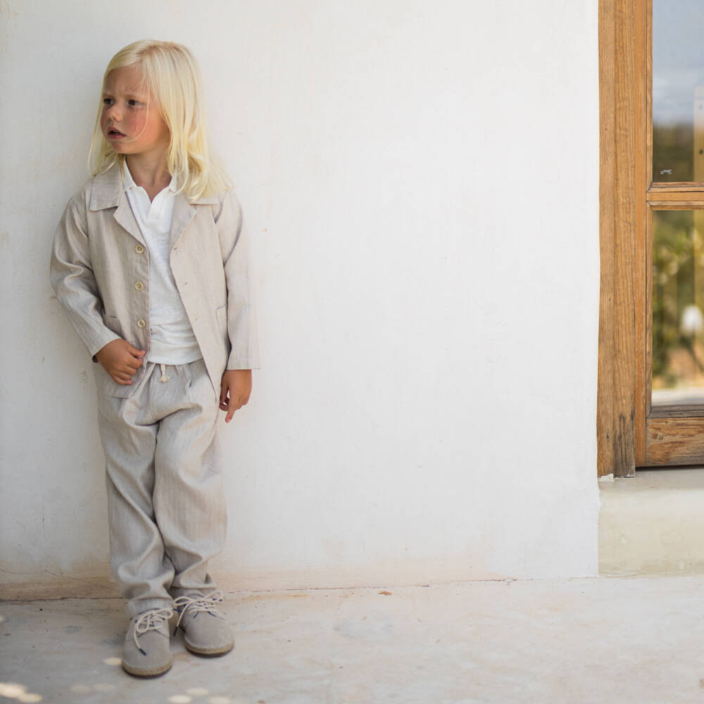 1 + in the family-Boys Light Beige Herringbone Trousers | Childrensalon