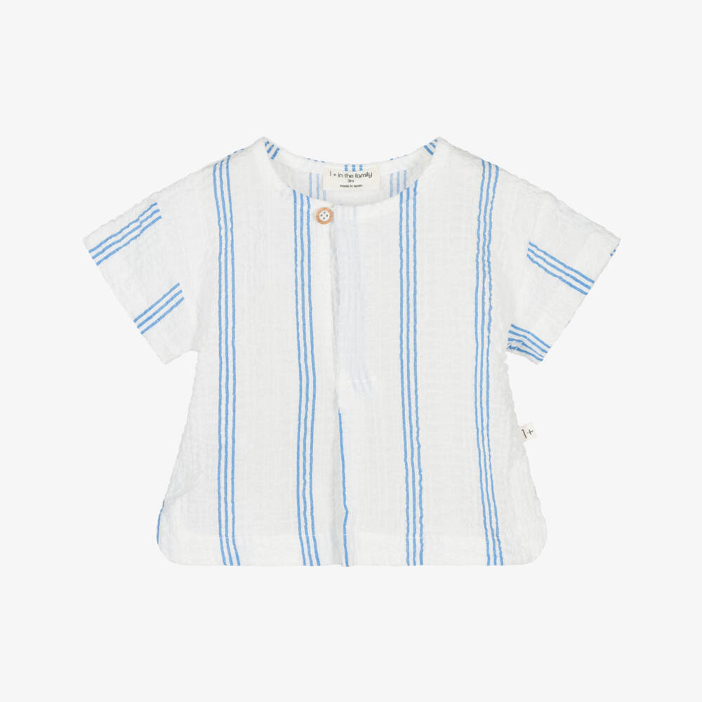 1 + in the family-Boys White & Blue Striped Cotton Shirt | Childrensalon