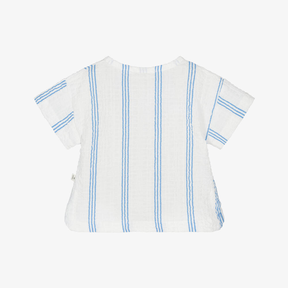 1 + in the family-Boys White & Blue Striped Cotton Shirt | Childrensalon