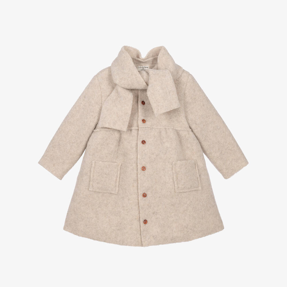 1 + in the family-Girls Beige Fluffy Fleece Coat with Detachable Scarf | Childrensalon