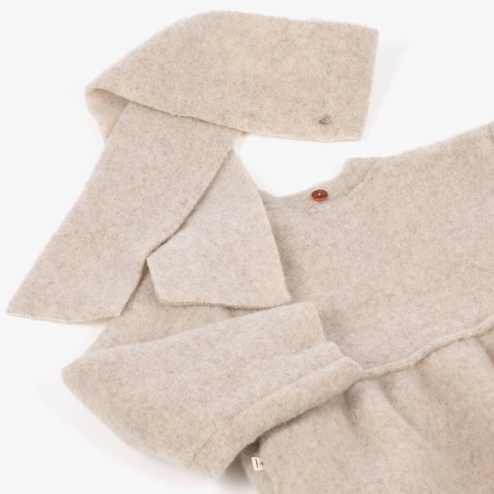 1 + in the family-Girls Beige Fluffy Fleece Coat with Detachable Scarf | Childrensalon