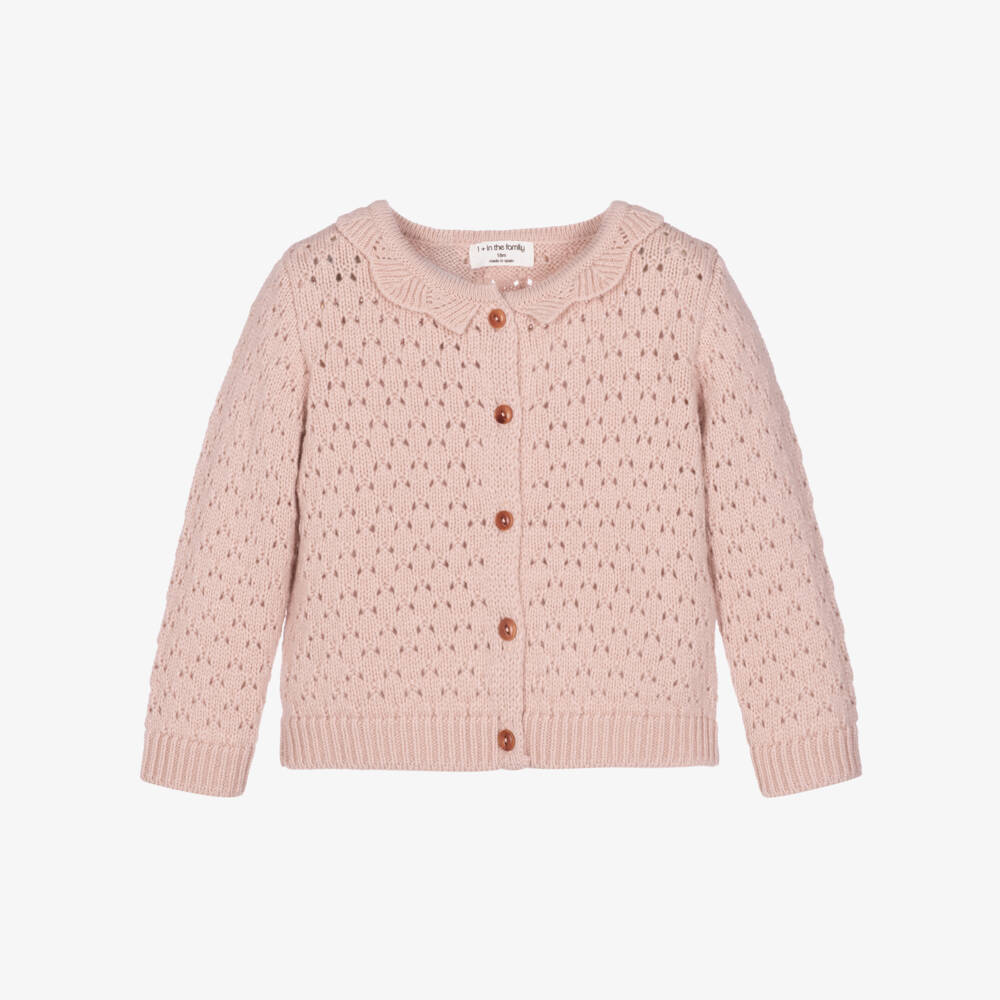 1 + in the family-Girls Pale Pink Knitted Cardigan with Scalloped Collar | Childrensalon