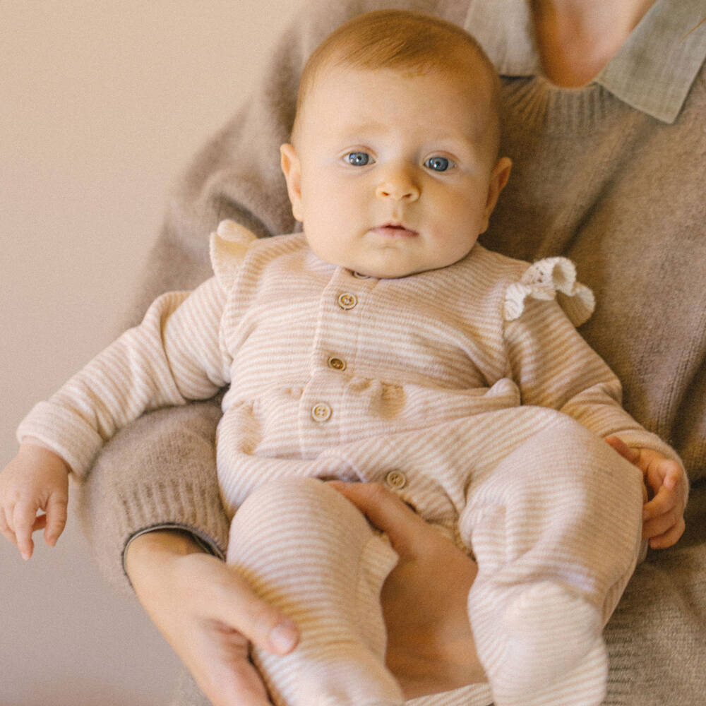 1 + in the family-Girls Pink & Ivory Stripe Knitted Babygrow | Childrensalon