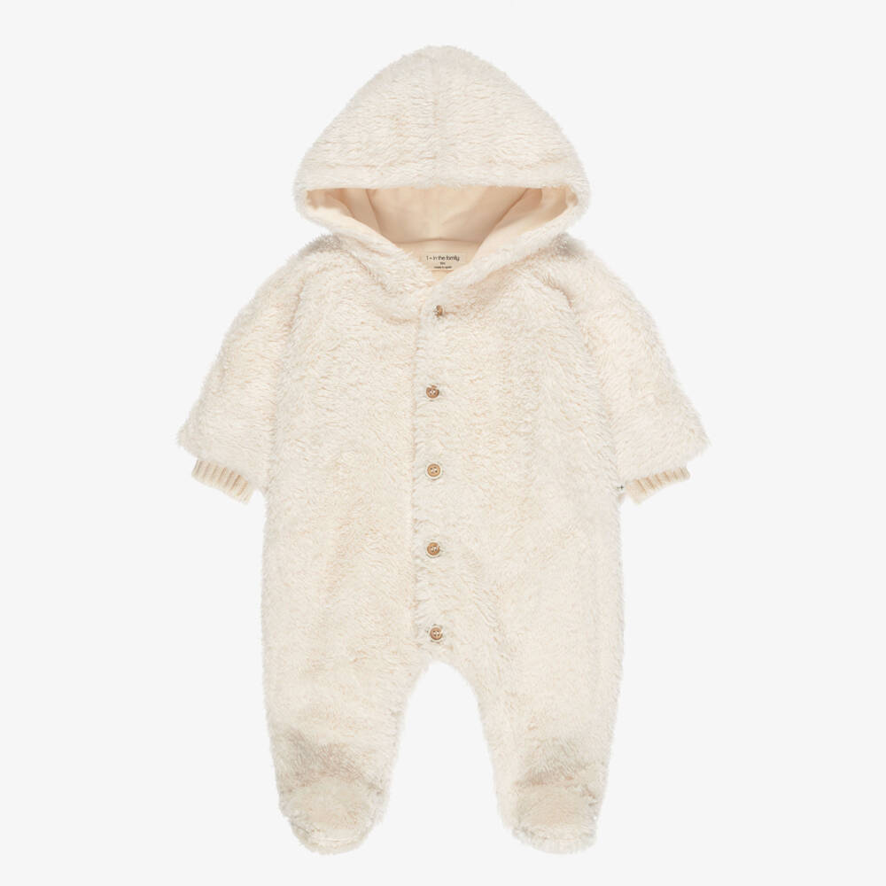 1 + in the family-Ivory Teddy Fleece Hooded Pramsuit | Childrensalon