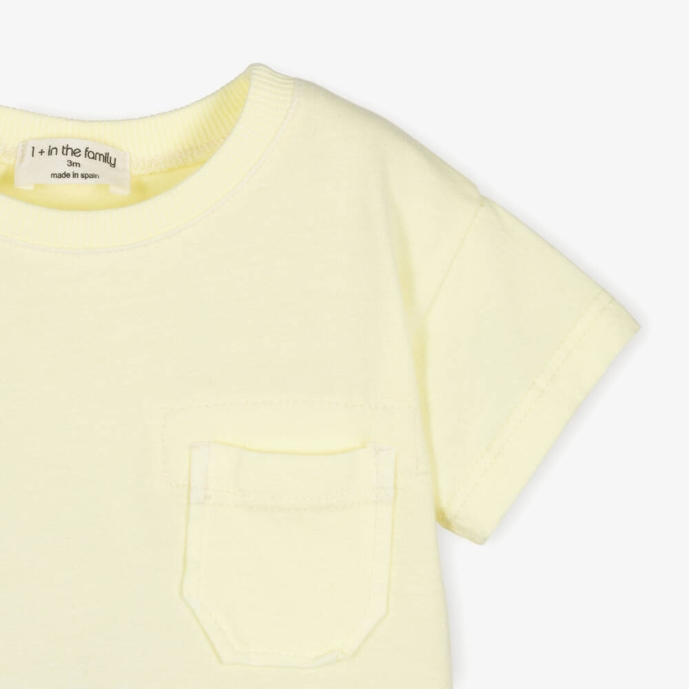 1 + in the family-Pale Yellow Cotton Jersey T-Shirt with Chest Pocket | Childrensalon