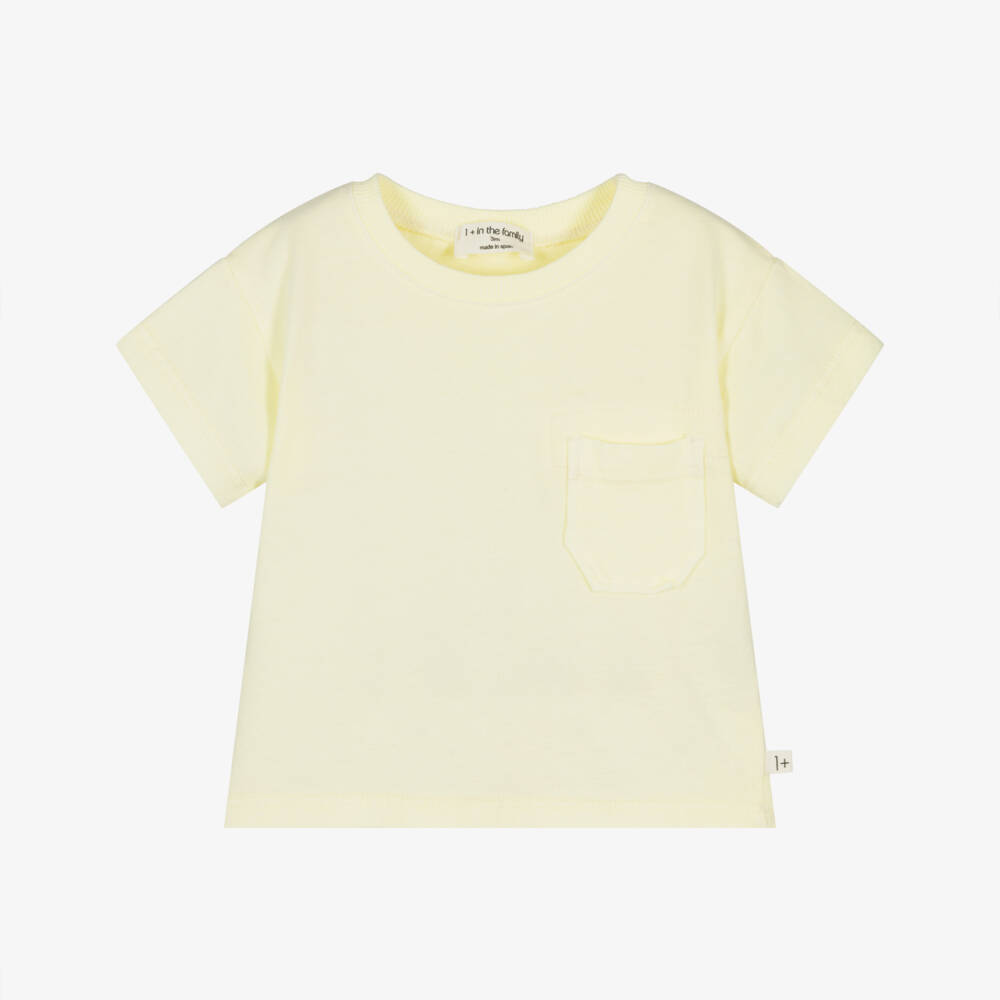 1 + in the family-Pale Yellow Cotton Jersey T-Shirt with Chest Pocket | Childrensalon