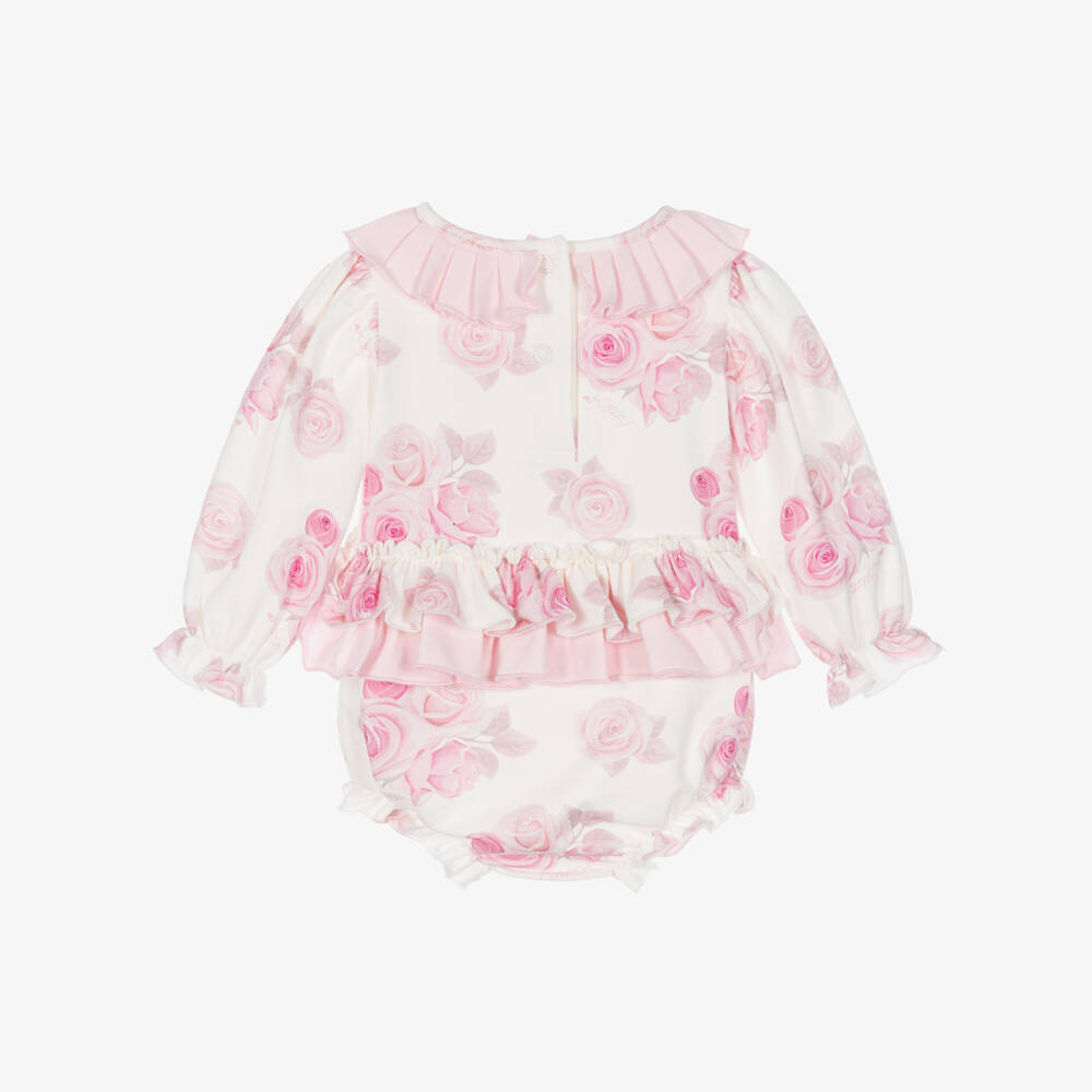 A Dee-Baby Girls Ivory & Pink Rose Print Shortie | Childrensalon