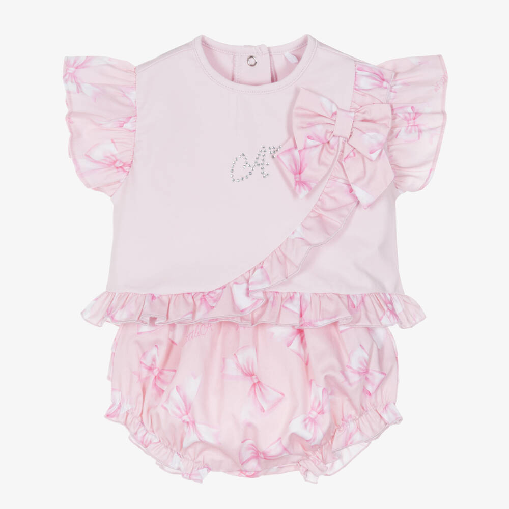 A Dee-Baby Girls Pink Cotton Bow Print Shorts Set | Childrensalon