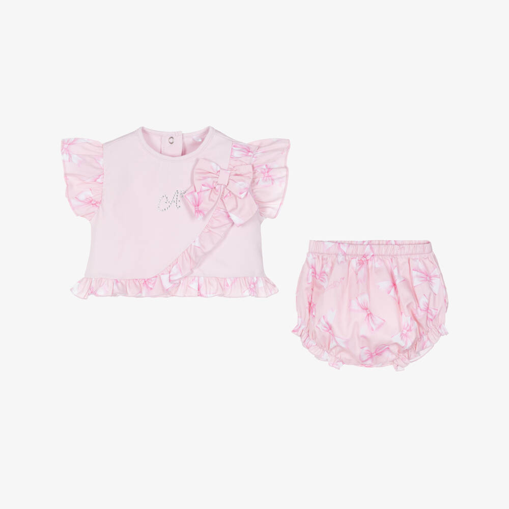 A Dee-Baby Girls Pink Cotton Bow Print Shorts Set | Childrensalon