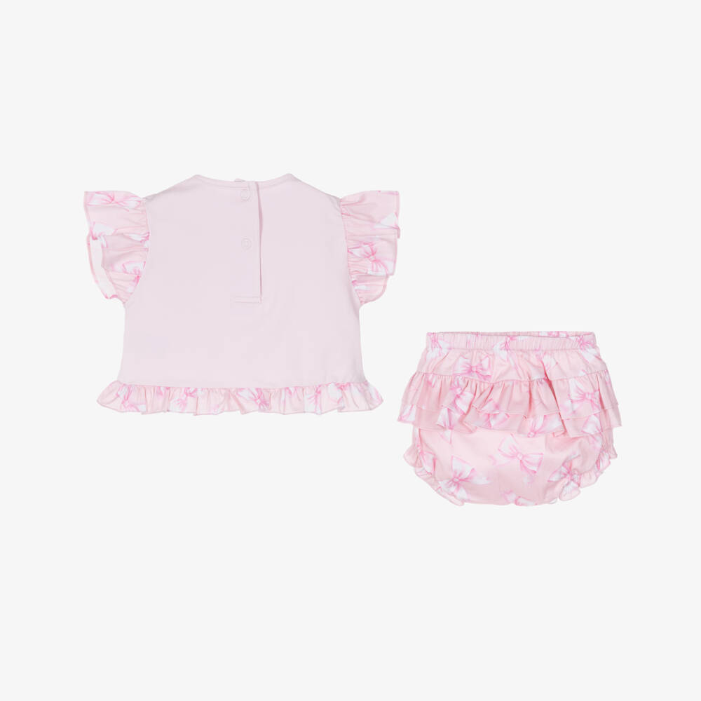 A Dee-Baby Girls Pink Cotton Bow Print Shorts Set | Childrensalon