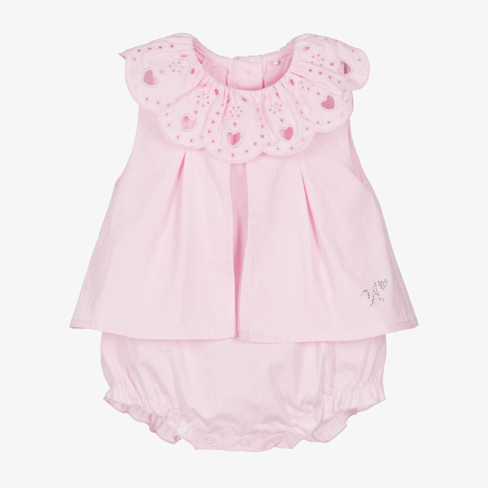 A Dee-Baby Girls Pink Shortie with Broderie Anglaise Collar | Childrensalon