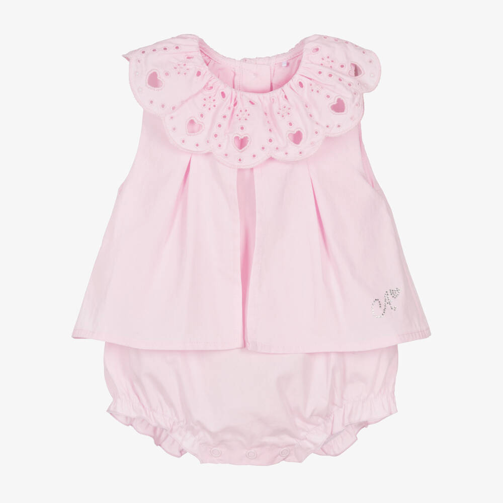 A Dee-Baby Girls Pink Shortie with Broderie Anglaise Collar | Childrensalon