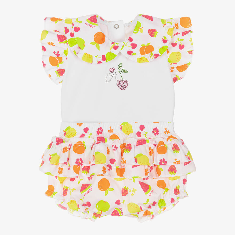 A Dee-Baby Girls White Cotton Fruit Print Frilly Shorts Set | Childrensalon