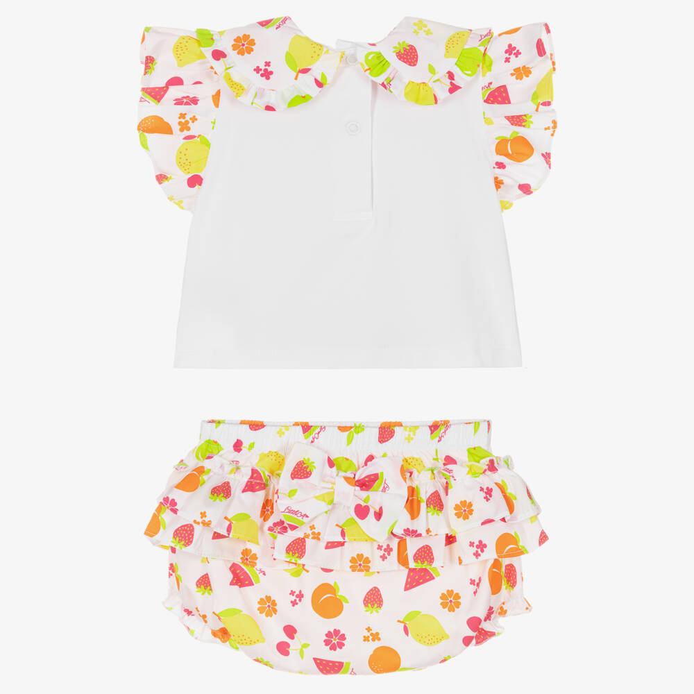A Dee-Baby Girls White Cotton Fruit Print Frilly Shorts Set | Childrensalon