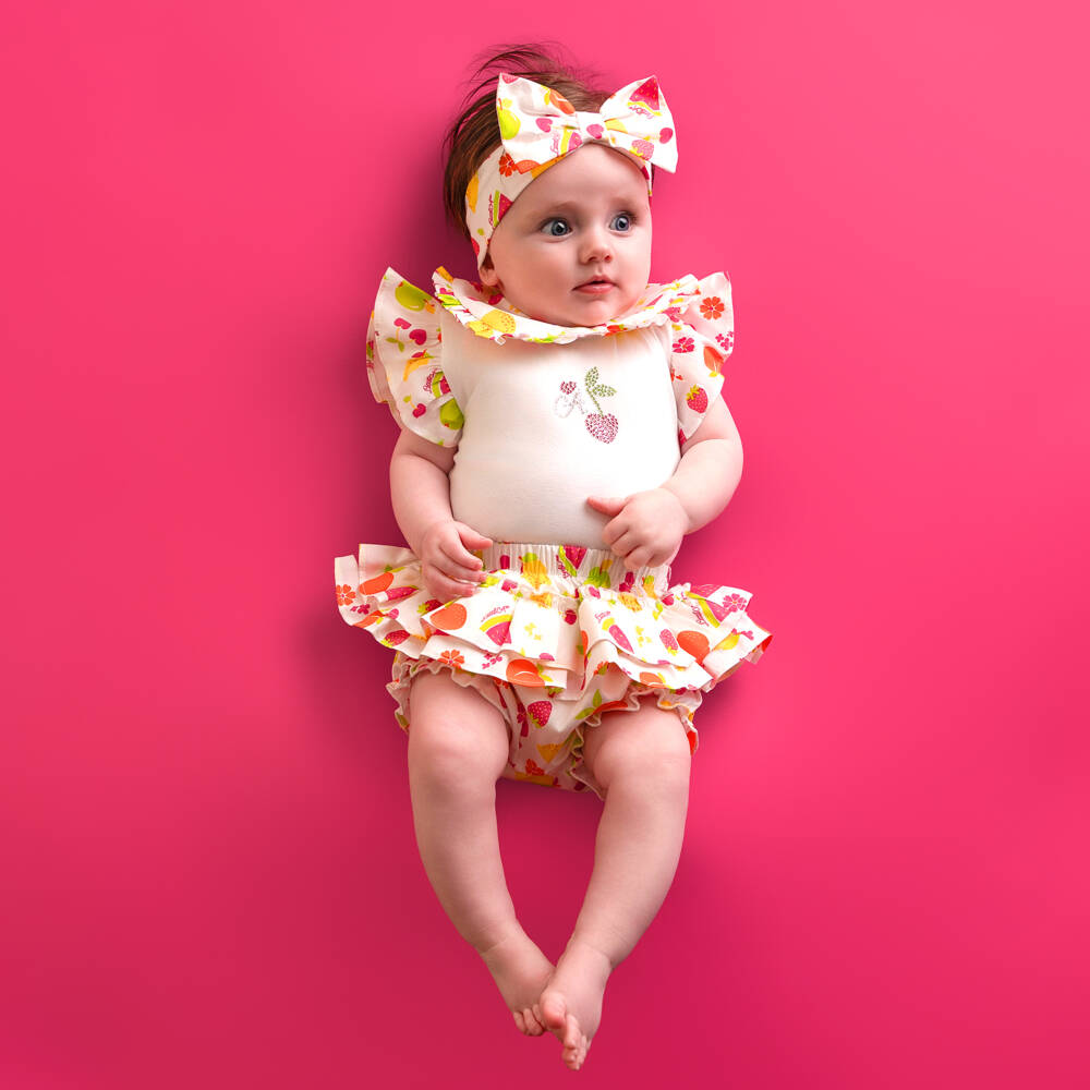 A Dee-Baby Girls White Cotton Fruit Print Frilly Shorts Set | Childrensalon