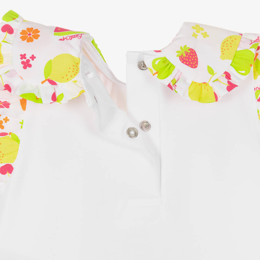 A Dee-Baby Girls White Cotton Fruit Print Frilly Shorts Set | Childrensalon