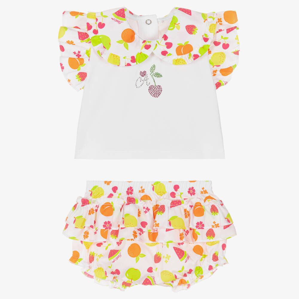 A Dee-Baby Girls White Cotton Fruit Print Frilly Shorts Set | Childrensalon