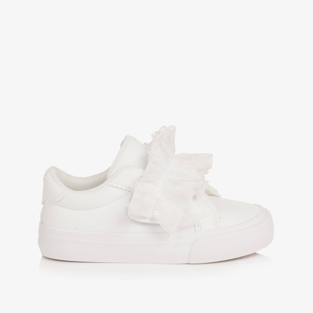 A Dee-Baby Girls White Faux Leather Trainers with Tulle Trim | Childrensalon