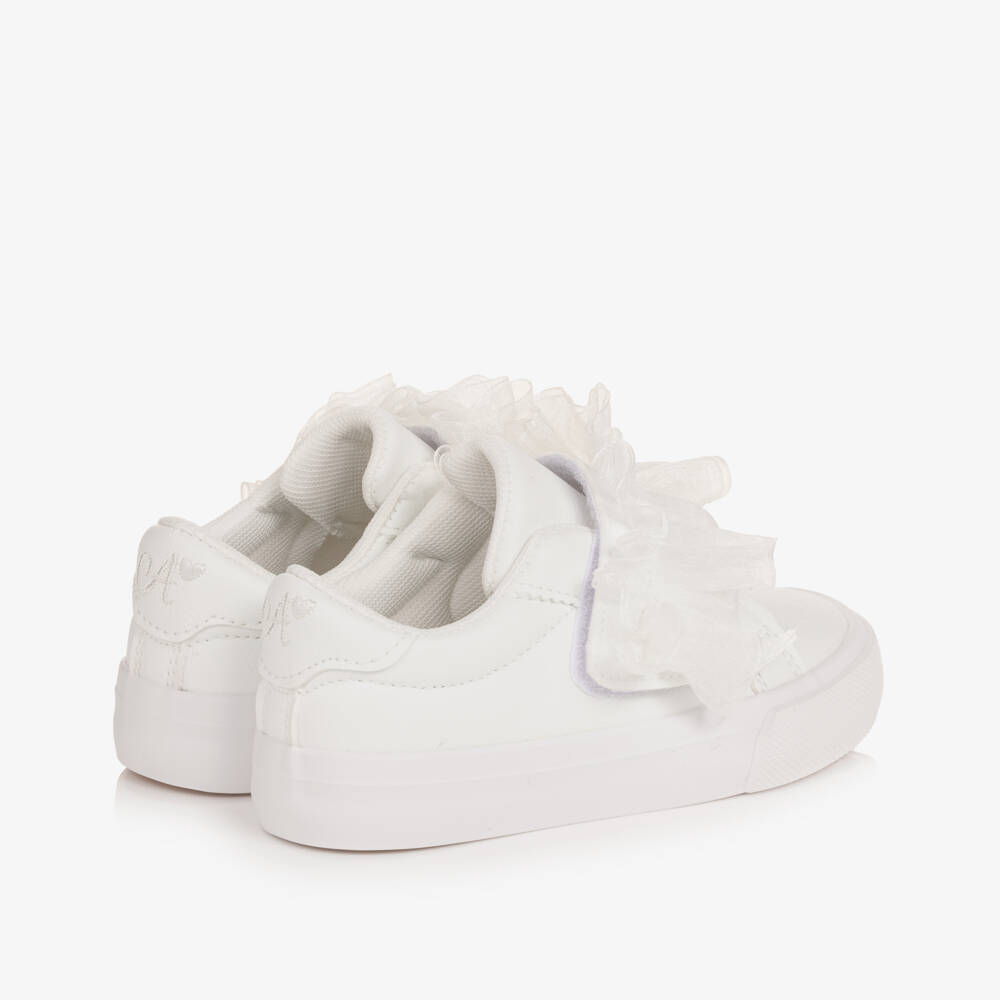A Dee-Baby Girls White Faux Leather Trainers with Tulle Trim | Childrensalon