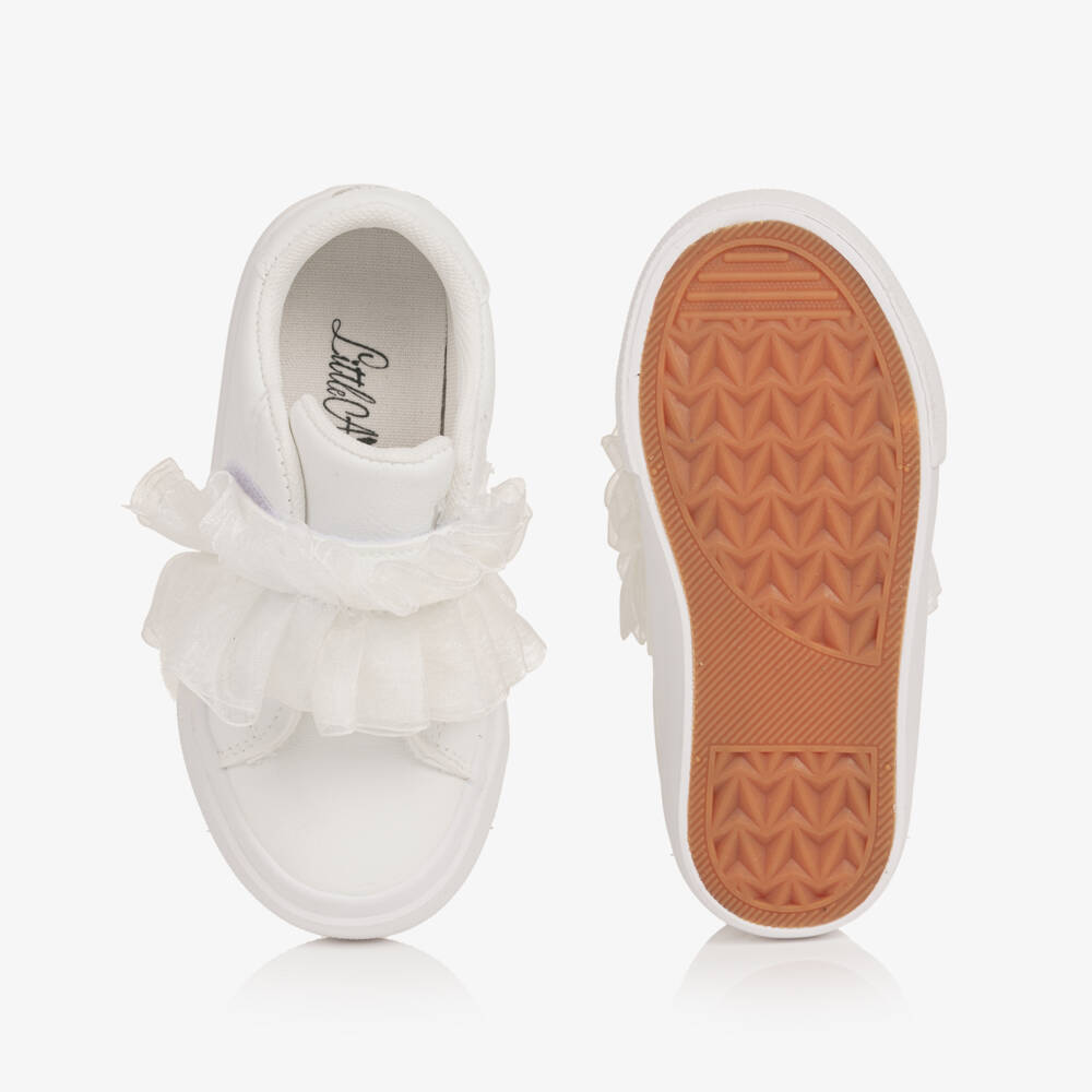A Dee-Baby Girls White Faux Leather Trainers with Tulle Trim | Childrensalon