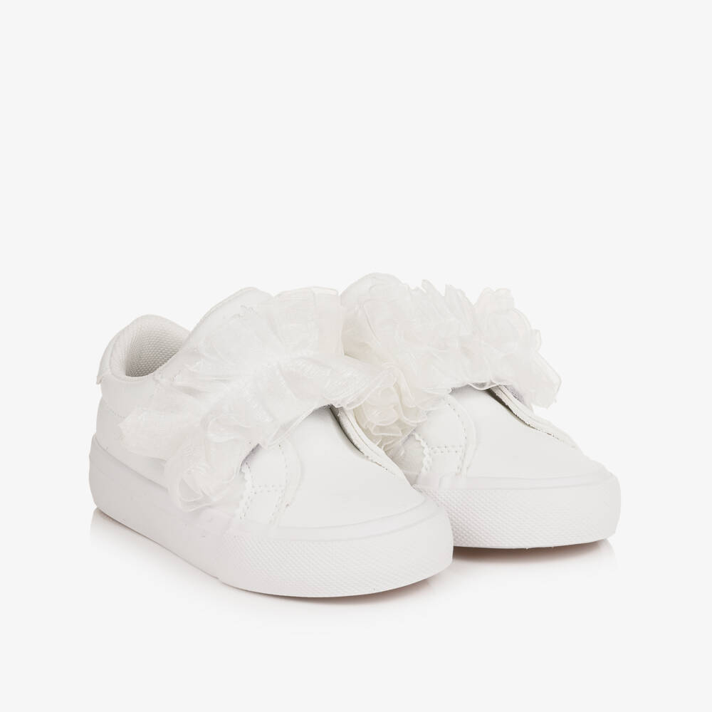 A Dee-Baby Girls White Faux Leather Trainers with Tulle Trim | Childrensalon